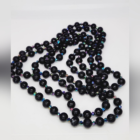 VTG Art Deco Flapper Style Black Aurora Borealis Faceted Beaded Necklace 54" - Picture 4 of 5
